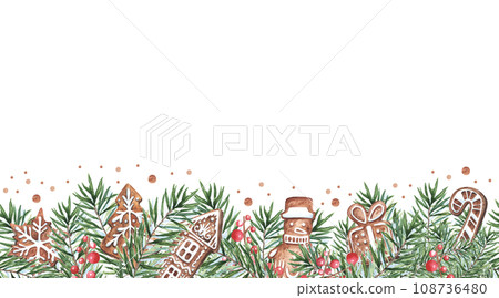 Christmas seamless border with gingerbreaad cookies , fir tree branch. Pine branches. Hand drawn illustration. Watercolor repeating stripe for xmas, New Year 108736480
