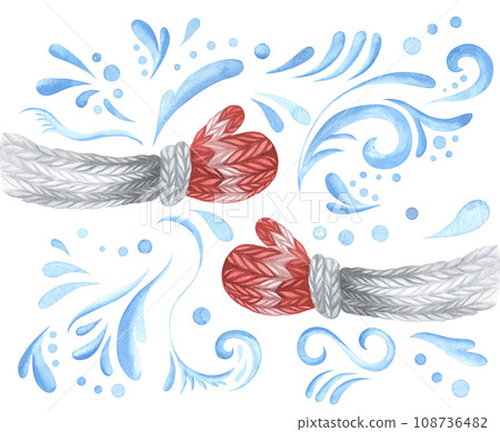 Hands in red knitted mitterns hugging with blue swirls frost. Winter illustration. Christmas and New Year concept design. Watercolor hands with design. Seasonal card, hand drawn. 108736482