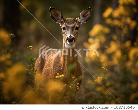 roe deer looks into the camera close-up in the forest in the wildlife artiodactyl 108736540