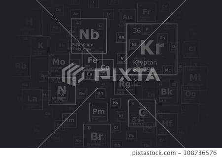 Background of the chemical elements of the periodic table with their atomic number, atomic weight, element name and symbol on a black background Background of the chemical elements of the periodic table with their atomic number, atomic weight, element name and symbol on a black background 108736576