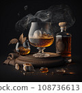 a glass of whiskey and ice in cigar smoke on a wooden table on a dark background 108736613