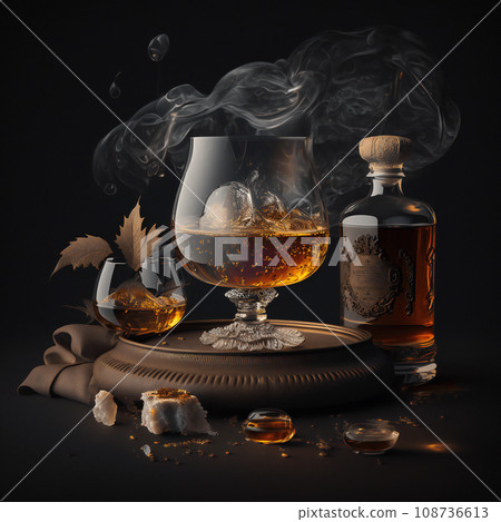 a glass of whiskey and ice in cigar smoke on a wooden table on a dark background 108736613