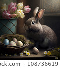 A rabbit next to a basket of Easter eggs and vases of tulips. Happy Easter 108736619