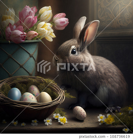 A rabbit next to a basket of Easter eggs and vases of tulips. Happy Easter 108736619