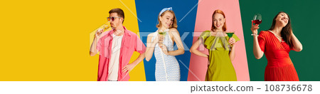 Young people, man and women drinking cocktails, wine, celebrating events against multicolored background. Party and alcohol drinks Young people, man and women drinking cocktails, wine, celebrating events against multicolored background. Party and alcohol drinks 108736678