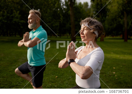 Active older couple doing yoga exercise outdoors at city park 108736701