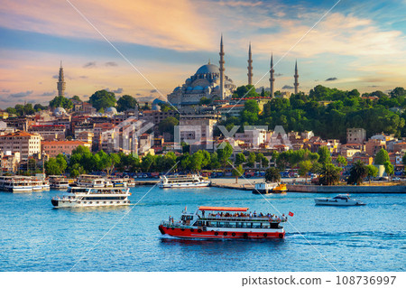 Touristic sightseeing ships in istanbul city, Turkey. 108736997