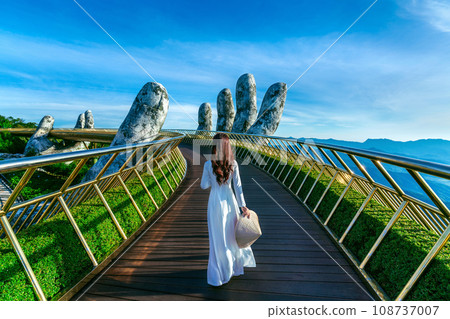 Tourist walking at Golden Bridge in Danang Vietnam. 108737007