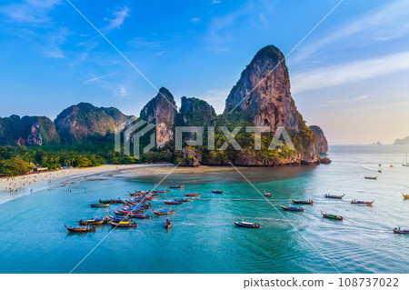 Railay beach with long tail boat in Krabi, Thailand. 108737022