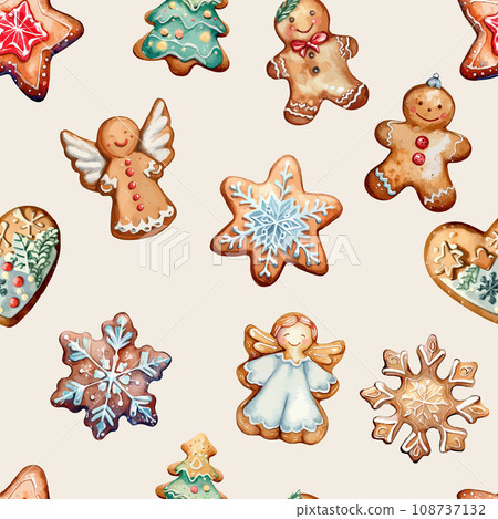 Watercolor set of ginger christmas gingerbread seamless pattern. Watercolor set of ginger christmas gingerbread seamless pattern. 108737132