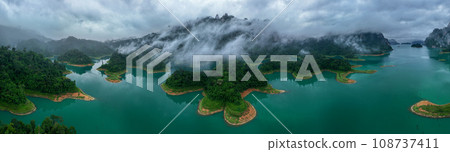 Aerial drone view of island on the lake, tropical Mountain peak , Khao Sok National Park, Thailand 108737411