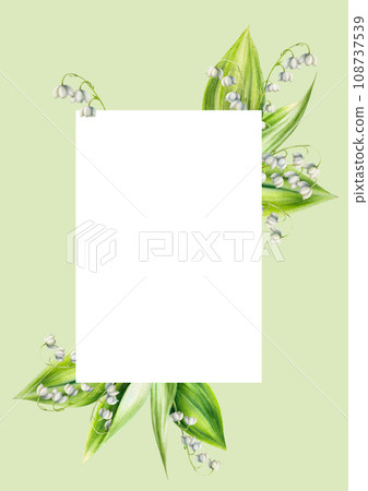 Watercolor postcard with bouquet of lilies of the valley flowers isolated on white background. Spring hand painted illustration. For designers, wedding, decoration, postcards, wrapping paper, 108737539