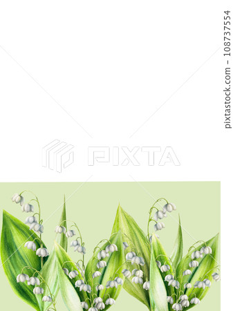 Watercolor postcard with bouquet of lilies of the valley flowers isolated on white background. Spring hand painted illustration. For designers, wedding, decoration, postcards, wrapping paper, Watercolor postcard with bouquet of lilies of the valley flowers isolated on white background. Spring hand painted illustration. For designers, wedding, decoration, postcards, wrapping paper, 108737554
