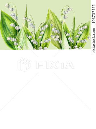 Watercolor postcard with bouquet of lilies of the valley flowers isolated on white background. Spring hand painted illustration. For designers, wedding, decoration, postcards, wrapping paper, 108737555