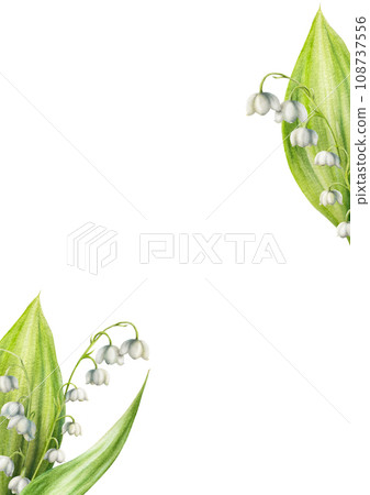 Watercolor postcard with bouquet of lilies of the valley flowers isolated on white background. Spring hand painted illustration. For designers, wedding, decoration, postcards, wrapping paper, 108737556