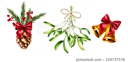 Watercolor christmas set with green mistletoe, cone with red satin bow, red berries on a branch, golden bells. New year botanical illustration of kissing symbol isolated on white background. For 108737576