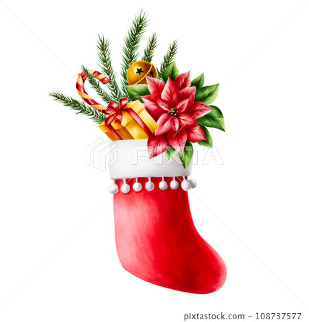 Watercolor red christmas stocking for presents with caramel stick, pine branches, golden bell, gift. Holiday new year illustration isolated on white background. For designers, decoration, shop, for 108737577