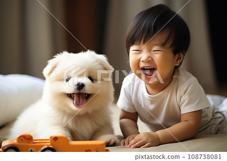 Young Asian Baby Engaging in Playtime with Dog Puppy and Toy Cars in the Cozy Comfort of Home. created with Generative AI Young Asian Baby Engaging in Playtime with Dog Puppy and Toy Cars in the Cozy Comfort of Home. created with Generative AI 108738081