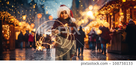 Happy little girl attending Christmas outdoor fair, standing with lights, celebrating holidays and having fun. Merry time Happy little girl attending Christmas outdoor fair, standing with lights, celebrating holidays and having fun. Merry time 108738133