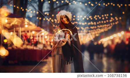 Happy young woman standing on cozy evening street in winter fair, celebrating Christmas, holding lights and glass with mulled wine 108738136