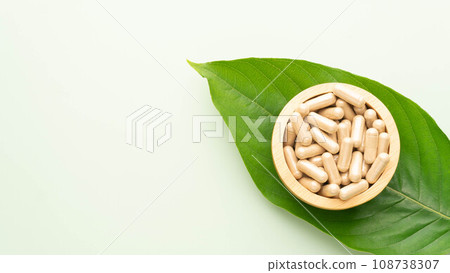 Alternative medicine herbal capsules with fresh organic plant leaf on green background. Natural herbs and homeopathic supplement product for healthy good life. Alternative medicine herbal capsules with fresh organic plant leaf on green background. Natural herbs and homeopathic supplement product for healthy good life. 108738307