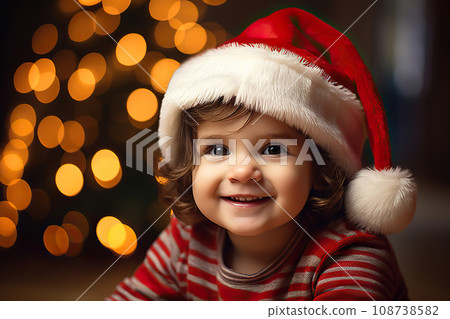 Festive Toddler Delight A Joyful Portrait of a Smiling Toddler in a Santa Hat on Christmas Eve, Against a Bokeh Background. created with Generative AI 108738582