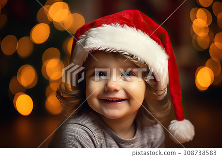 Festive Toddler Delight A Joyful Portrait of a Smiling Toddler in a Santa Hat on Christmas Eve, Against a Bokeh Background. created with Generative AI 108738583