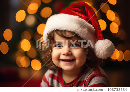 Festive Toddler Delight A Joyful Portrait of a Smiling Toddler in a Santa Hat on Christmas Eve, Against a Bokeh Background. created with Generative AI 108738584