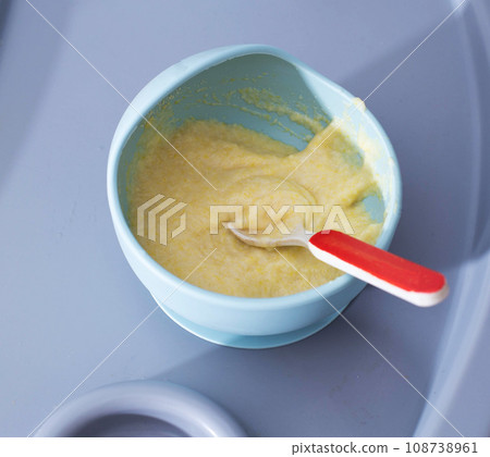 Children's millet porridge in a plate for infants, close-up. Dairy-free pumpkin porridge for babies, close-up Children's millet porridge in a plate for infants, close-up. Dairy-free pumpkin porridge for babies, close-up 108738961