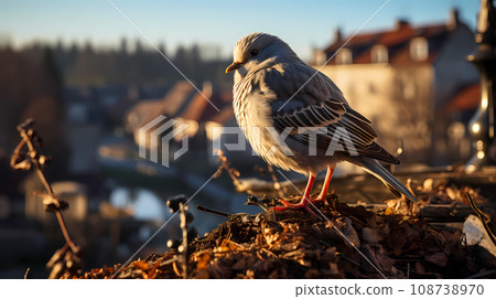Sparrow close-up on the background of the old town Frosty morning rays of the sun 108738970