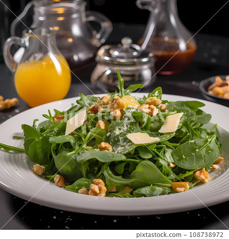 Salad with spinach cheese and walnut on white plate Healthy eating concept 108738972