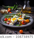 Healthy breakfast boiled cherry eggs asparagus olives on grey plate on wooden table 108738975