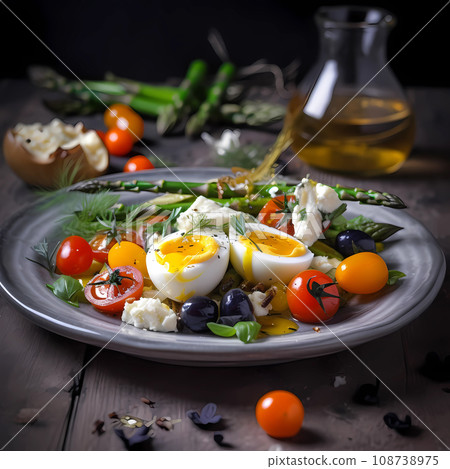Healthy breakfast boiled cherry eggs asparagus olives on grey plate on wooden table 108738975