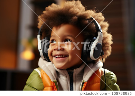 Young Black African American Child Immersed in Music with Wireless Headphones. created with Generative AI 108738985