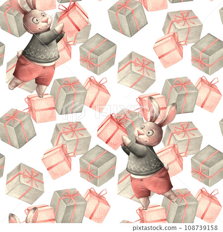 Seamless pattern with gift boxes and bunny. Design for sale background, wrapping paper, cards, textile Seamless pattern with gift boxes and bunny. Design for sale background, wrapping paper, cards, textile 108739158