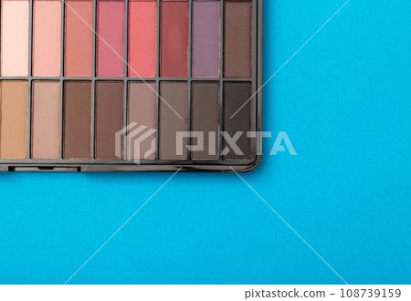 A set of modern eye shadows with powdery shades on a blue background. Soft texture and shading, brand. Copy space for text 108739159