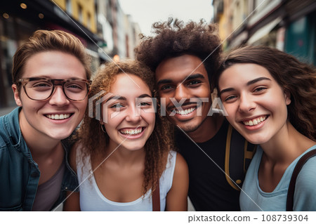 Diverse Friendships Bloom Celebrating Unity - Young Multiracial Friends Radiate Joy in an Urban Adventure. created with Generative AI 108739304