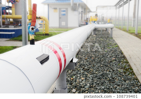 Transportation of natural gas through gas pipelines. View of pipe at industrial gas transportation 108739401