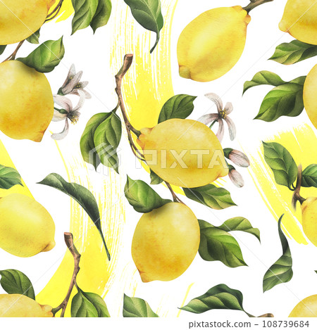 Lemons are yellow, juicy, ripe with green leaves, flower buds on the branches, whole and slices. Watercolor, hand drawn botanical illustration. Seamless pattern on a white background. 108739684