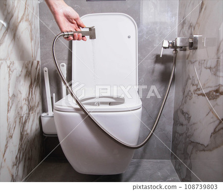 The girl holds a hygienic shower in her hand against the background of a hanging toilet bowl. The concept of care for intimate places and the prevention of gynecological diseases, hygiene. 108739803
