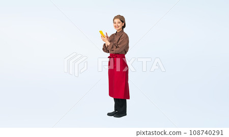A woman wearing cooking clothes using a smartphone, a cook, a restaurant clerk, a cutout full-body photo A woman wearing cooking clothes using a smartphone, a cook, a restaurant clerk, a cutout full-body photo 108740291