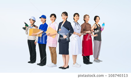 Group of the same person wearing uniforms of various occupations, career change, career path, vocational school, cutout full body photo 108740313