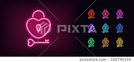 Outline neon love lock icon set. Glowing neon heart lock with key and keyhole. Unlock love, open you heart. Key to passion, health and happiness. Fondness and feelings under lock. Vector icon set Outline neon love lock icon set. Glowing neon heart lock with key and keyhole. Unlock love, open you heart. Key to passion, health and happiness. Fondness and feelings under lock. Vector icon set 108740334