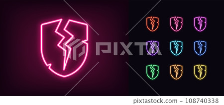 Outline neon cracked shield icon set. Glowing neon broken shield, protection hack, damage system security. Hacking attempt, cyber attack, data guard destroy. Weak security, bad safety. Vector icon set 108740338