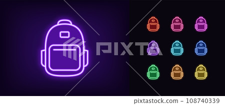 Outline neon backpack icon set. Glowing neon schoolbag sign, student knapsack, school satchel. Travel backpack and trip hand luggage, sport knapsack. Hiking rucksack and tourism bag. Vector icon set 108740339