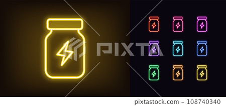 Outline neon energy supplement icon. Glowing neon bottle with lightning sign, sport nutrition. Energetic supplement for strength, speed and stamina. Sport medicine, bottle with pills. Vector icon set 108740340