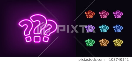 Outline 3 neon questions icon set. Glowing neon question marks, FAQ support, answer searching, questionnaire. Find problem decision. Unknown surprise, secret, mystery. Quest, puzzle and quiz. Vector Outline 3 neon questions icon set. Glowing neon question marks, FAQ support, answer searching, questionnaire. Find problem decision. Unknown surprise, secret, mystery. Quest, puzzle and quiz. Vector 108740341