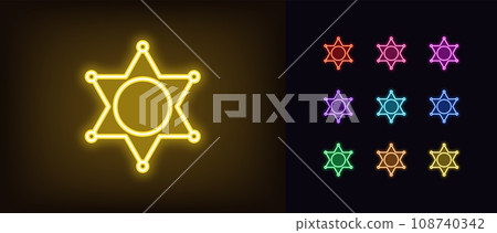 Outline neon sheriff star icon set. Glowing neon sheriff badge, police department and officer sign, law star. Gaming cowboy western, Wild West. Wanted star, game pursuit and chasing. Vector icon set Outline neon sheriff star icon set. Glowing neon sheriff badge, police department and officer sign, law star. Gaming cowboy western, Wild West. Wanted star, game pursuit and chasing. Vector icon set 108740342