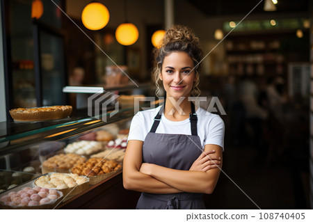 Bakery Welcome Joyful Shop Owner Greets Customers at the Doorway. created with Generative AI 108740405