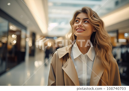 Joyful Young Woman Showcasing Stylish Coats on Sale at a Vibrant Shopping Mall. created with Generative AI Joyful Young Woman Showcasing Stylish Coats on Sale at a Vibrant Shopping Mall. created with Generative AI 108740703